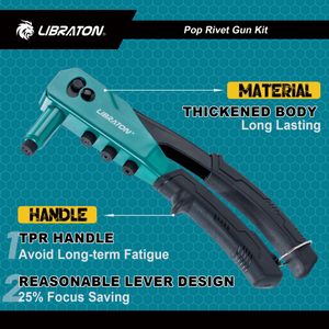 Libraton Heavy Duty Rivet Gun Set – 120 Blind Rivets, 4 Drill Bits, Interchangeable Heads