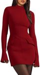 OFEEFAN Long Sleeve Bodycon Mini Dress Fall Winter Club Dress Red XL