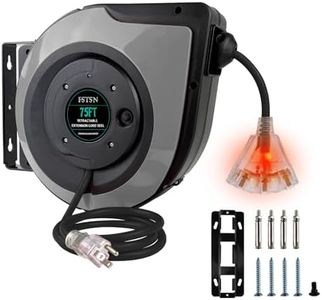 FSTSN 75ft Retractable Extension Cord Reel - 14 AWG/3C SJTOW Heavy Duty with 3 Lighted Outlets, 10A Breaker - Wall/Ceiling Mount for Indoor Outdoor Garage, Workshop Grey.