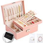 Jewelry Organizer Box, Leather Jewelry Box for Girls Gift Earring Organizer with Lock Double Layers Jewelry Case Removable Tray for Necklace Earring Ring with Polishing Cloth and 5 PCS Jewelry Bags