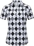 MoFiz Women's Short Sleeve Golf Polo Shirt Cooling Lightweight Workout Summer Tops Zip Up Bowling Shirt UPF50+ Collared Athletic Active T-Shirt Argyle Plaid Black Grey S