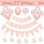 21st Birthday Decorations for Her-Rose Gold 21st Birthday Banners for Girls,Happy 21st Birthday Party Decor Include Banner Bunting Hanging Swirls Triangle Flags Confetti Latex Balloons