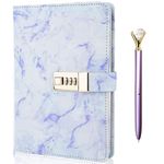 Marble Diary with Lock and Pen, Refillable A5 Daily Journal for Girls and Women, 192 Pages Cute Notebook with Combination Lock and Diamond Pen for Teen Girls and Boys - Purple