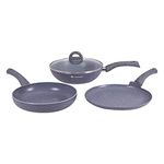 Wonderchef Granite Nonstick 4 Piece Cookware Set(Frying Pan with Lid, Wok, Dosa Tawa), Induction Bottom, Soft-Touch Handles, Pure Grade Aluminium, PFOA, 3.5mm, 2 Years Warranty (Grey)