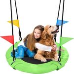 Odoland 30 inch Kid Tree Swing, Outdoor Small Saucer Swing - 900D Waterproof Oxford Platform Swing for Kids, Backyard Round Flying Swing wirh Adjustable Hanging Ropes for 2-3 Kids Green