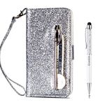 Grandoin Compatible with Case for iPhone 6S / 6 (4.7 Inches), Bling Glitter Sparkly PU Leather Pattern Design Zipper Wallet Case with Card Slots [Soft Silicone Inner] Flip Notebook Cover Case (Silver)