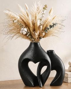 Zormon Black Vases for Decor, Heart Shaped Ceramic Vase Set of 2, Nordic Heart Shaped Vases, Minimalist Decorative Vase for Table Centerpiece Wedding Dining Living Room Office House Decoration