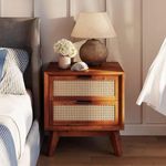 P.M. IMPEX Deluxe Solid Wood Rattan Nightstand Fully Assembled-Mid Century Modern Side Table with 2 Drawers-Multipurpose use for Living Room, Bedroom-Dark Chocolate