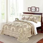 Serenta Damask 5 Piece Embroidery Coverlet Set with Floral Stitching, Extra 18" Drop Pleated Bedskirt, Queen 90" x 90", Beige