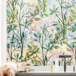 NINETREX Window Films for Privacy with Installation Tools, Stained Glass Window Film No Glue 3D Decorative Window Tint Leaf Rainbow Window Cling for Door Home Decor 60 X 200cm,Leaves Aesthetics