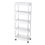 AEXONIZ Plastic Kitchen Storage Trolley Rack with Wheels, Slide Out Rolling Utility Cart Storage Shelves, Space Saving Home Storage Organizer Racks (White, 5 Layer)