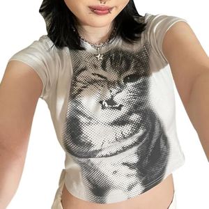 Woxlica E Girl Clothing Graphic Print Summer Crop Top for Teen Girls, 13 Wink Cat White, Small