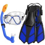 Kids Mask Fin Snorkel Set for 3-7 Years Old Boys and Girls with Panoramic Snorkel Mask Diving Goggles Dry Top Snorkel and Adjustable Fins for Snorkeling Swimming Freediving(Kids-Blue)