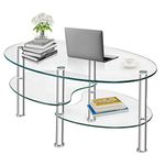 CASART Coffee Tables, Tempered Glass Oval Tea Tables with 2 Shelves, Steel Legs Modern 3 Tiers Cocktail Snack Table for Living Room Bedroom Office (Transparent)