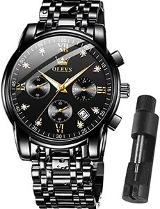 OLEVS Watches for Men Black Stainless Steel Water Resistant Big Face Large Face Watch for Men Metal Band Bracelet Original Luxury Chrono Classy Watches with dates Chronograph Analog Waterproof Adjustable relojes para hombres