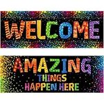 Classroom Banner Poster, 2 PCS Colorful Confetti Bulletin Board Decoration Motivational Posters for School & Classroom Primary Middle High School-Amazing Things Happen Here (Poster Tube Package)