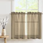 TOPICK Sheer Kitchen Curtains 24 Inch Drop Voile Plaid Farmhouse Cafe Curtains Taupe Weave Small Window Tier Curtains Rod Pocket Light Filtering for Living Room Bathroom RV 2 Panels