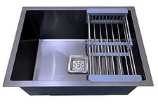 Happy Homes Modular Kitchen Sink (24X18X10 Inch), BLACK Matte Satin Finish Stainless Steel with Nanocoated Undercoating, Square Coupling and Metal Fruit Basket