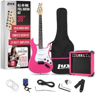 LyxPro 39" inch Full Size Electric Guitar with 20w Amp, Package Includes All Accessories, Digital Tuner, Strings, Picks, Tremolo Bar, Shoulder Strap, and Case Bag Complete Beginner Starter kit - Pink