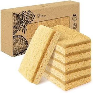 Joeji's Kitchen 6 Pack Dish Sponge for Kitchen and Bathroom Zero Waste Natural Biodegradable Eco Cellulose Sponge with Sisal Fibre Scourer