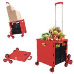 Folding Utility Cart Portable Rolling Crate Handcart with Stair Climbing Wheels&360°Swivel Wheels Telescoping Handle Heavy Duty Plastic Box Dolly for Travel Shop Move Office Teacher Use(Red Climber)