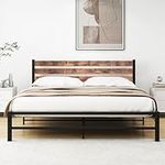 VERFARM King Size Bed Frame with Wooden Headboard, Metal Platform Bed Frame King Size with Strong Steel Slats Support, No Box Spring Needed, Easy Assembly, Black-Brown