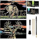 2 PACK Animal scratch art rainbow painting paper(Elephant/Deer), Engraving Art & Craft Set, Creative foil scratch toys gift, DIY sketch card scratchboard for Teen, Adults, Girl, Women - 16'' x 11.2''