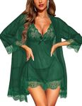 RSLOVE Women Sexy Lingerie Set 3 Piece Babydoll with Lace Kimono Robe Strap Chemise Mesh Nightgown Dark Green L