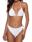 Zonsaoja Women String Bikini Set Halter Side Tie Two Piece Swimsuit Triangle Bathing Suits, White, X-Large