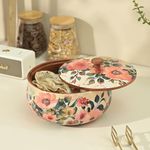 Brick Brown ® Handcrafted Enamel Coated Wooden Pastel Flora Roti Box | Chapati Box for Kitchen | Hot Pot Casserole for Roti Server Tableware Serving | Case Roti Dabba with Lid (8.5 × 8.5 × 5.5 Inch)