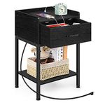 Black Nightstand, End Table with Charging Station 2-Tier Side Table with Drawer and Storage Shelf, Rustic Bedside Night Stand for Bedroom, Living Room, Easy Assembly, Black