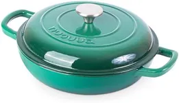 Shallow Cast Iron Casserole with Lid – Non Stick Dutch Oven Pot, Oven Safe up to 500° F – Sturdy Ovenproof Stockpot Cookware – Enamelled Cooking Pot – Dark Green, 2.3-Quart, 26cm – by Nuovva