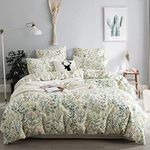 Sedefen Garden Floral Duvet Cover Queen Aesthetic Green Botanical Bedding Set with Colorful Flower Print Pattern 3 Pieces Soft Microfiber Comforter Cover with Zipper Ties Home Deco