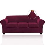 PrinceDeco 4 PCS Sofa Covers Stretch Velvet Couch Covers for 3 Cushion Sofa Slipcovers Soft Sofa Slip Covers W/ 2 Non Slip Straps Furniture Covers W/ 3 Individual Seat Cushion Covers (Sofa, Burgundy)