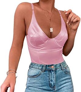 Velius Women's Sexy Deep V Neck Shiny Thong Bodysuit Tank Tops with Underwire (Pink, XX-Large)