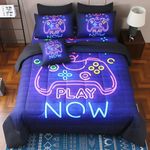 JQinHome Twin Gamer Comforter Set 6 Piece Bed in A Bag for Boys,3D Neon Light Up Design for Classic Console -All Season Soft Microfiber Down Alternative Comforter Gamer Bedding Sets for Kids (Purple)