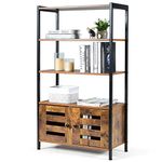 COSTWAY Industrial Bookshelf, Freestanding Storage Bookcase Cabinet with 4 Shelves and 2 Louvred Doors, Home Office Living Room Cupboard Display Organiser Unit