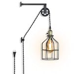 Industrial Wall Sconce with Cage, Black Rustic Wall Lamp with Plug in Cord, Vintage E27 Base Metal Wall Light Fixture Lift Pulley Lighting Retro Farmhouse Antique Decor for Bedrooms Living Room