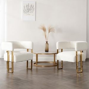 DM Furniture Modern Boucle Barrel Accent Chairs Living Room Side Chairs Set of 2 with Golden Metal Legs Soft Sherpa Upholstered Reading Armchair for Bedroom/Reception Room/Lounge/Office, White