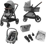 Maxi-Cosi Zelia S Trio 3-in-1 Prams Travel System, 0 - 4 Years, Up to 22 kg, Foldable, Compact and Reclining Baby Pushchair, with CabrioFix S i-Size Baby Car Seat, Accessories, Nursery Bag, Grey