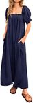 KIRUNDO Women 2024 Summer Maxi Dress Casual Loose Puff Sleeve Square Neck Maternity Flowy Long Beach Dresses with Pockets(Navy, Medium)