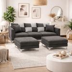 CASACOMFORT Romeo 5 Seater L Shape Sofa Set with Two Flexible Ottomans | Rich Velvet Suede Fabric | Spacious Soft Touch Comfort Seating | Modern Sofa for Living Room (Dark Grey)