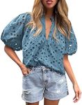 PRETTYGARDEN Women's Summer Tops Dressy Casual Short Lantern Sleeve V Neck Buttons Hollow Out Lace Embroidered Blouses Shirts (Grey Blue,XX-Large)