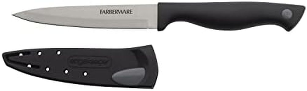 Farberware Edgekeeper 4.5-Inch Fine Edge Utility Knife with Self-Sharpening Blade Cover, High Carbon-Stainless Steel Kitchen Knife with Ergonomic Handle, Razor-Sharp Knife, Black