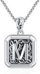 XIXLES Initial Necklaces for Men, 925 Sterling Silver Vintage Letter M Pendant Necklace,Unisex Square Retro Initial Medal Necklace Graduation Jewelry Gifts for Boyfriend Dad