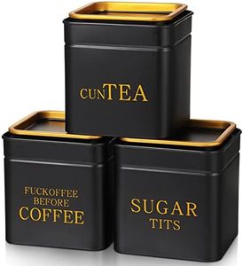 3 Piece Novelty Sugar Tea Coffee Canister Set Gifts Naughty Black Stainless Steel Containers Airtight Metal Coffee Jar with Gold Lid for Home Food Storage Flour Spice Kitchen Decor Cafe Accessories