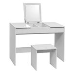 WOLTU Dressing Table Cosmetic Table White with Dressing Stool Makeup Mirror Foldable Vanity High Gloss Table Top Bedroom Dresser Set 2 Storage Compartments for Ample Storage MB6047ws