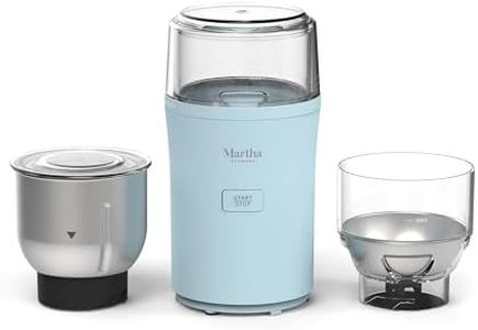 Martha Stewart Electric Coffee & Spice Grinder, Dual 2.5oz Removable Bowls, Storage Lids, Stainless Steel Blades, One Touch Pulse Control, 2-in-1 Compact, Beans & Spices, Herbs & Nuts, Sky Blue