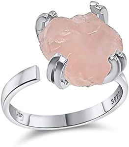 Natural raw rose quartz gemstone adjustable finger ring with white gold over 925 sterling silver, perfect birthstone gift for her, Uniquelan Jewelry (rose-quartz)