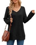 MISFAY Sweaters for Women Casual Long Sleeve V Neck Shirts Solid Color Tunic Tops for Leggings,Black,L